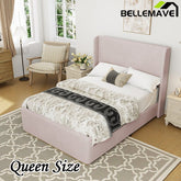 Bellemave® Corduroy Upholstered Bed with Vertical Stripe Wingback Headboard and High Footboard - Bellemave